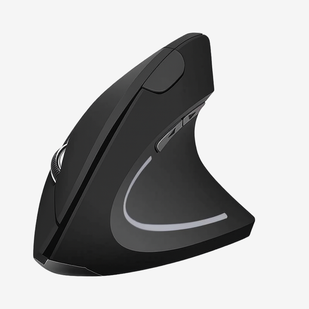 Black ergonomic mouse on a gray background
