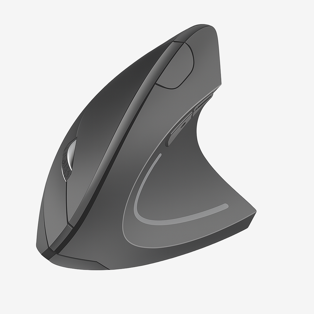 Gray ergonomic mouse with USB receiver on a light gray background