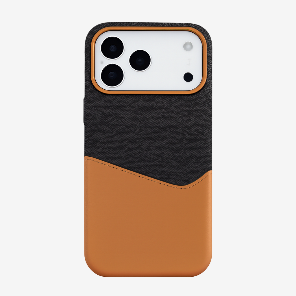 Phone case with black and brown design on a light gray background